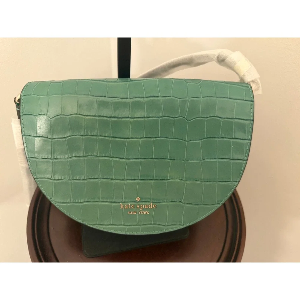 Kate Spade NY Luna Crescent Crossbody Woodland Green Croc-embossed Leather NWT